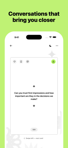 Togethis screen: a stack of cards with a question for couples